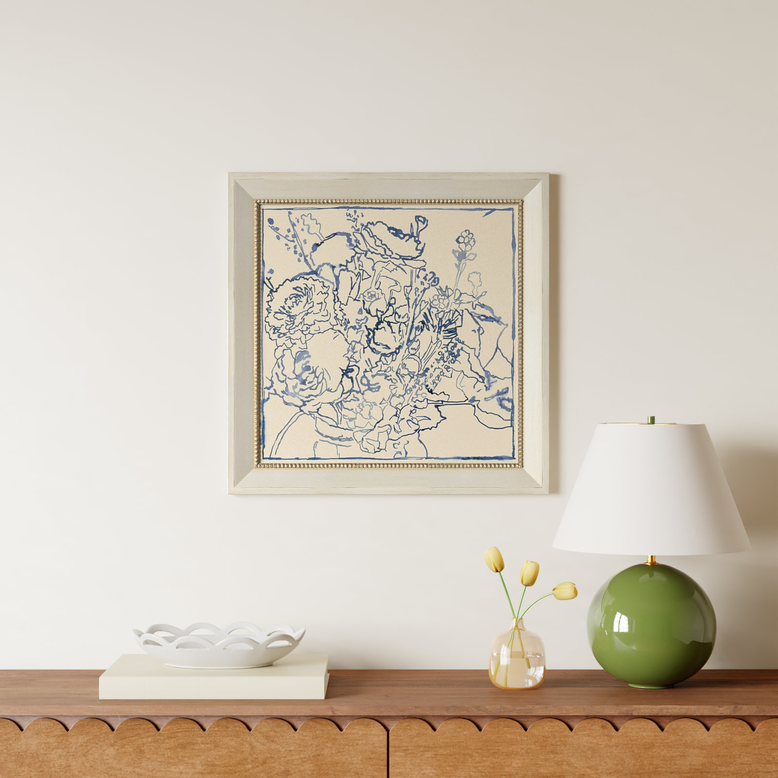 Indigo Floral Sketch I Print, Cream, 24" W x 24" H