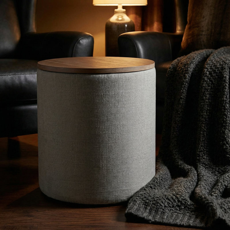 Vancouver Round Storage Ottoman with Wood Top