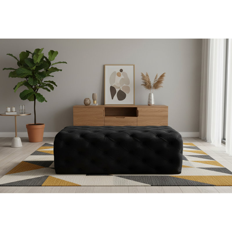 Repose-pieds cocktail rectangulaire en velours capitonné de 52 po Paz, Velours noir