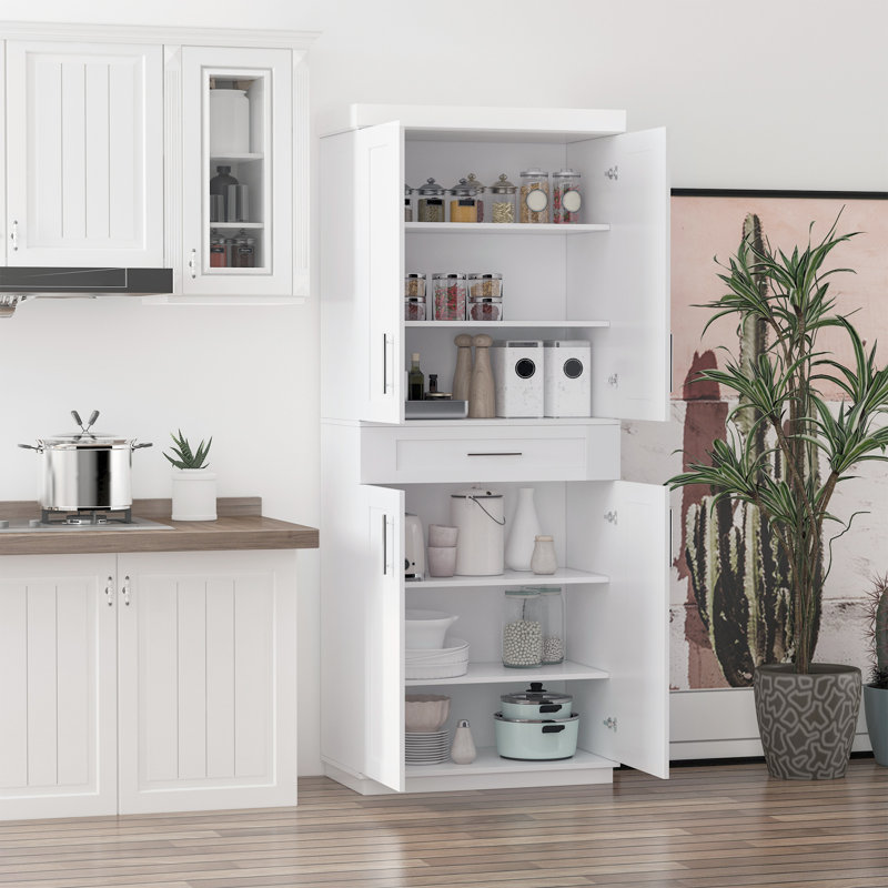 Tall Kitchen Pantry Freestanding Cabinet Cupboard with Doors and Drawer, Adjustable Shelving, White, White