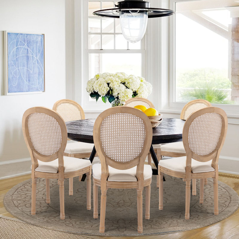 French-Style Farmhouse Dining Chair with Round Backrest, 6, Beige
