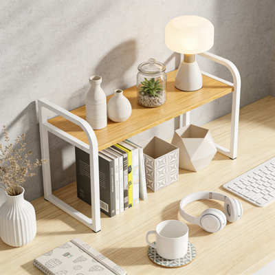 Organisateur de tablette de bureau avec support pour écran, support de rangement de bibliothèque de bureau en bois pour les fournitures de bureau, les livres et la décoration, conception robuste à un niveau pour l'organisation de la maison et du bureau