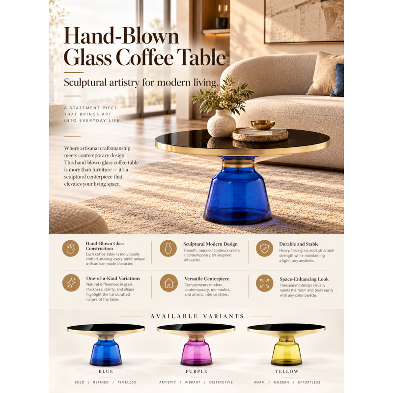     Pangea Home Belinda Pedestal Coffee Table - Hand Blown Glass Modern Coffee Table – Artisan Round Glass Coffee Table for Living Room, Bedroom, or Office - Purple Round Glass Coffee Table
