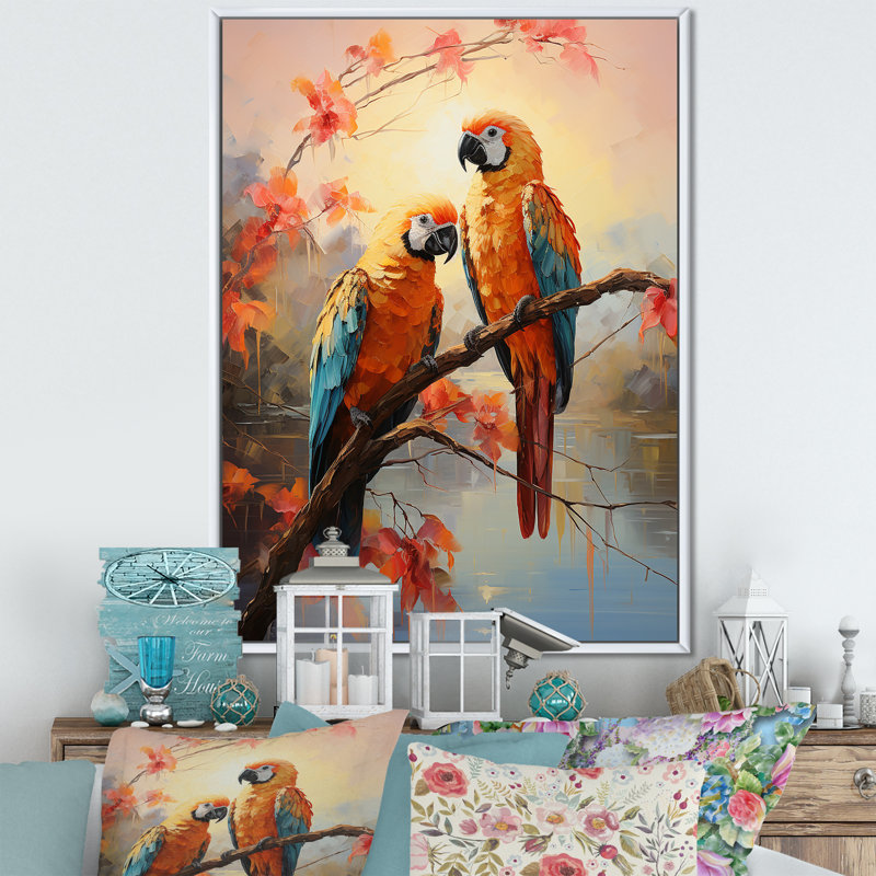 Perroquets coucher de soleil sérénade sur toile, Cadre flottant blanc, H 32 po x l 24 po x P 1 po
