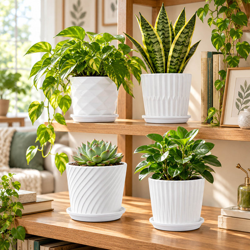Ensemble de 4 pots de fleurs cylindriques en céramique blanche avec soucoupes