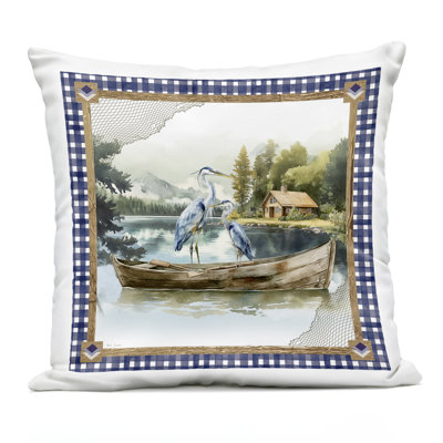 Herons on Boat with Tartan Design by Nicole DeCamp Outdoor Printed Pillow