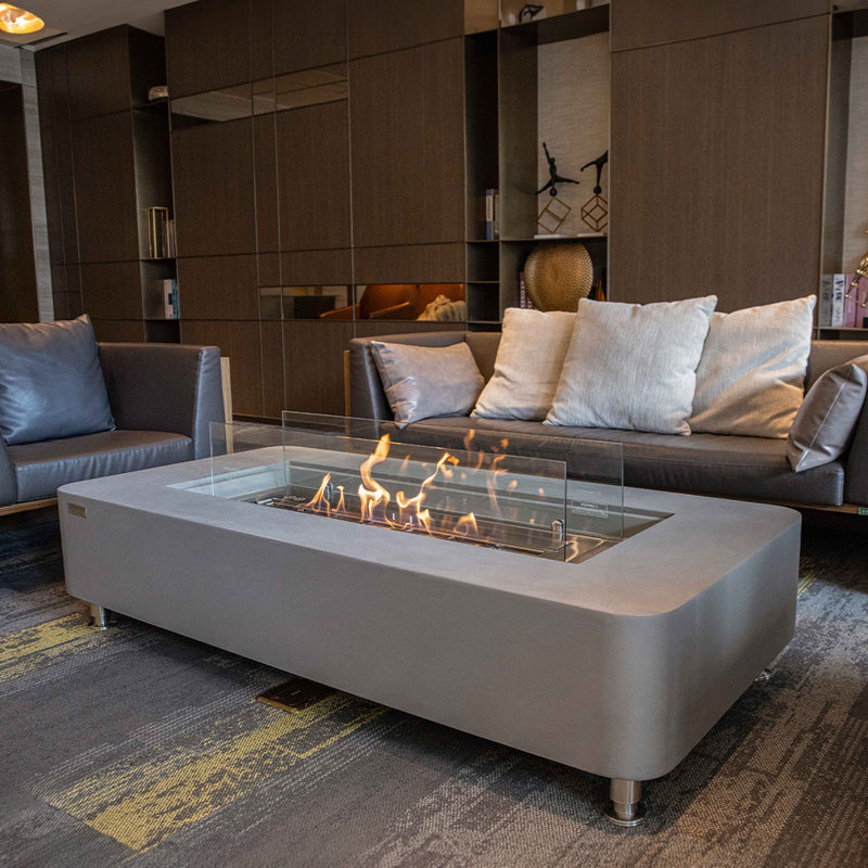Sydney 14'' H x 61.9'' W Concrete Bio-ethanol Fuel Outdoor Fire Pit Table with Windscreen and Lid, Gray