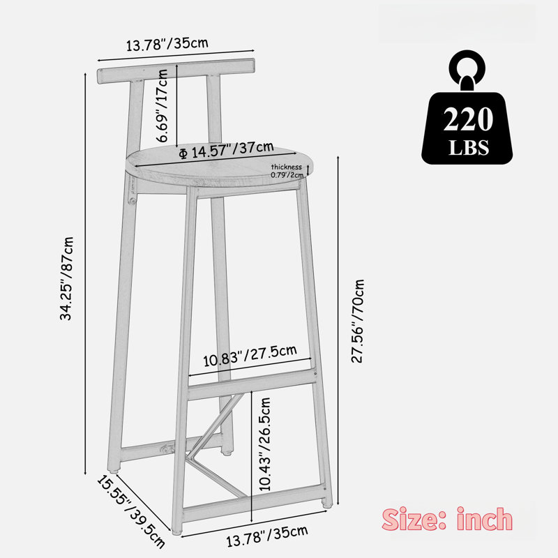 Ensemble de 3 tabourets de bar ronds en bois avec dossier, repose-pieds et pieds en métal, Noir