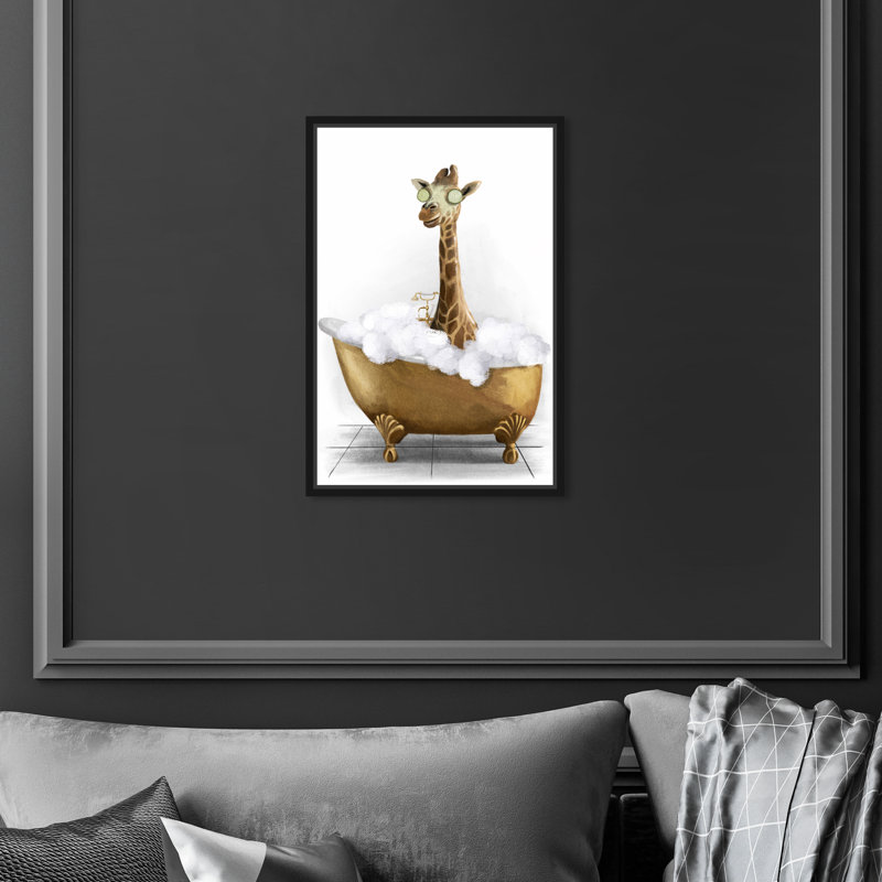 Bathtime Giraffe - Peinture sur toile, Toile encadrée, H 15 po x l 10 po, Noir
