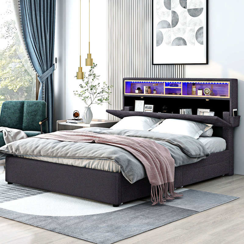 Lit plateforme avec rangement Emoni, Grand, Gris foncé