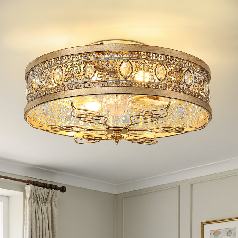 Ventilateur de plafond cristal doré avec lumière, moteur CC réversible à 6 vitesses silencieux, télécommande