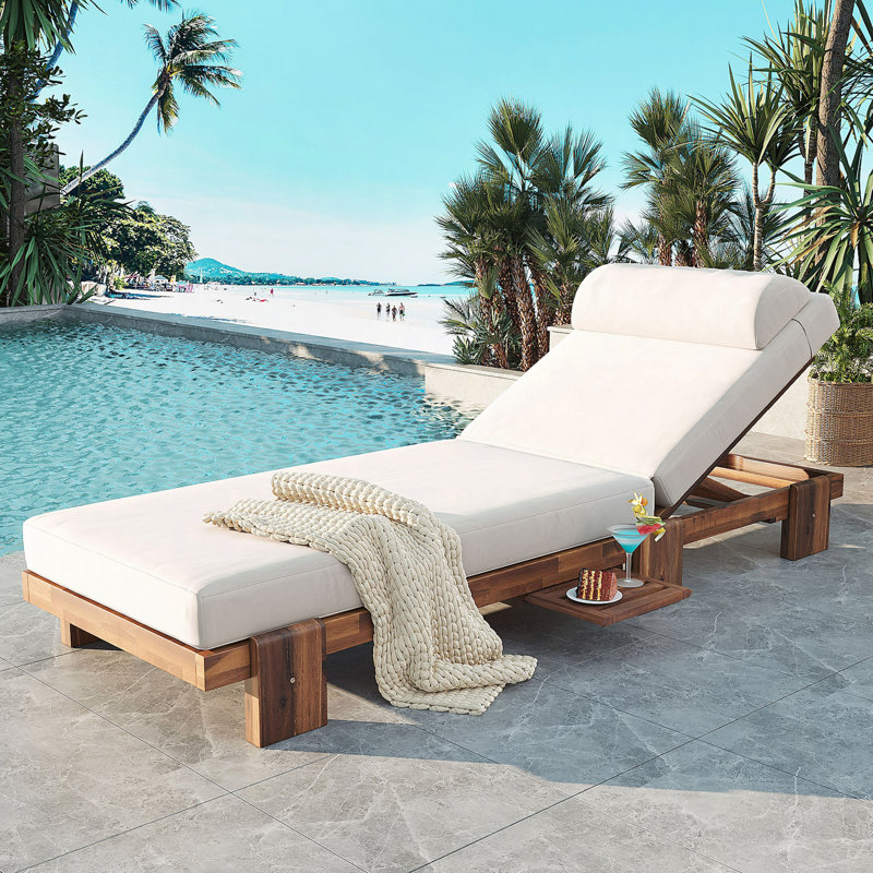 78.8" Outdoor Patio Chaise Lounge Chair, Acacia Wood Adjustable Recliner With Headrest And Retractable Side Tray, Perfect For Terrace, Poolside, Garden, And Beach