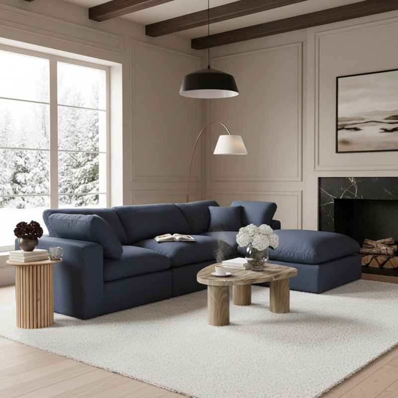 Humfrey Upholstered L-Shaped Sectional Reversible, Navy Linen Textured Fabric