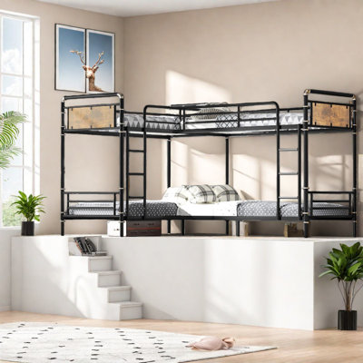 Lits superposés quadruples peu encombrants, structure en métal durable, style industriel rustique pour les salles familiales
