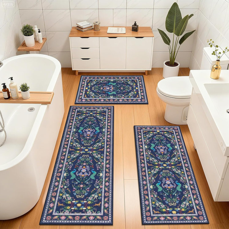 Ensemble de 3 tapis et tapis de cuisine Boho, Marine