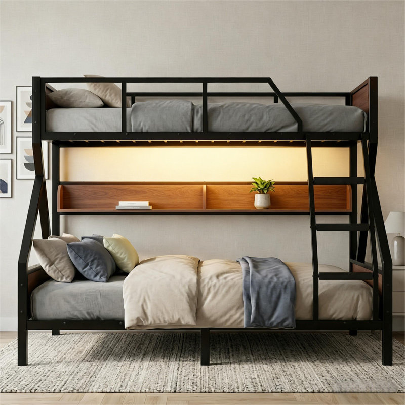 Lit superposé simple au-dessus de grand lit simple avec tablettes de rangement et lumières, lit superposé en métal pour adultes et adolescents, silencieux, cadre peu encombrant, sans sommier, noir