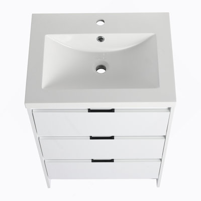 Meuble-lavabo autoportant 72 po avec lavabo en résine, 1 armoire de rangement et 1 armoire murale, tiroirs et porte à fermeture en douceur, blanc brillant, contreplaqué