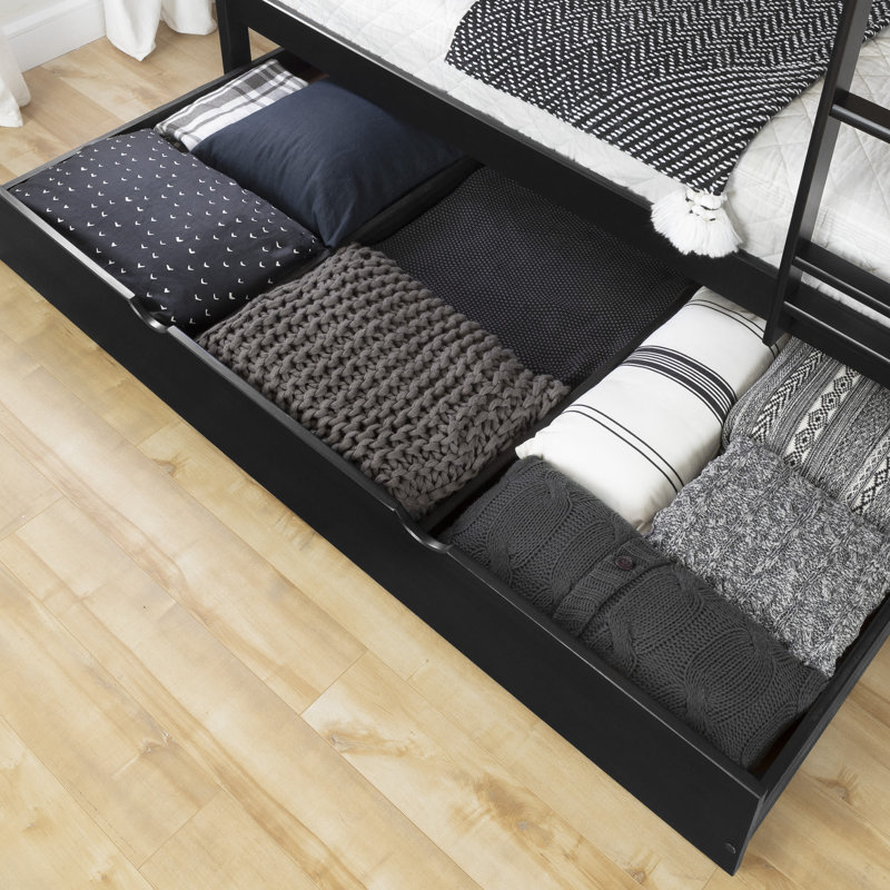 Black Twin Pine Wood Bunk Bed with Trundle and Storage