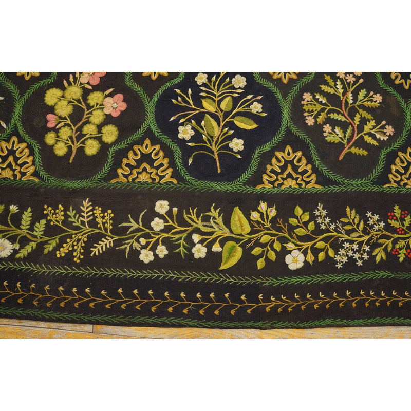 Large Size Charcoal Color Antique Floral English Flat Weave Needlepoint Carpet