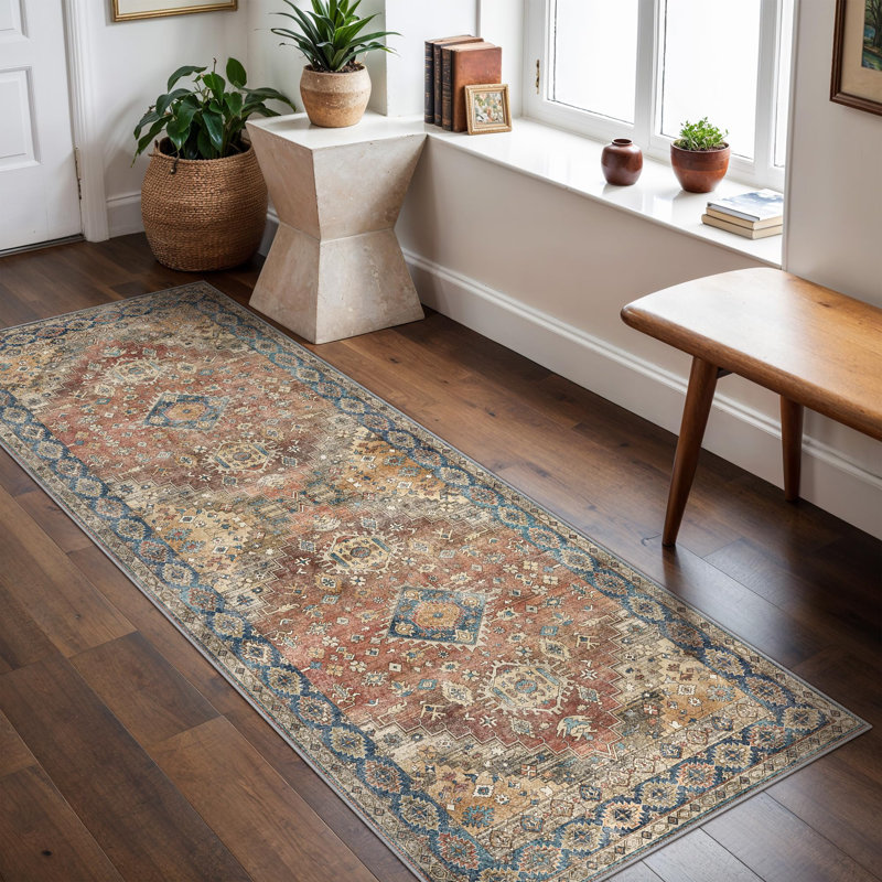 Tapis de couloir intérieur oriental rouge neutre / beige délavé à la machine Oriental Neutral, Rouge