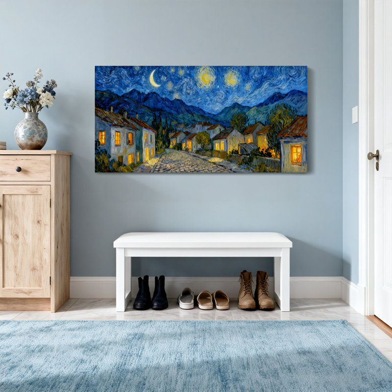 Paysage et nature, nuit étoilée, scène de village, œuvre d'art, H 24 po x l 48 po
