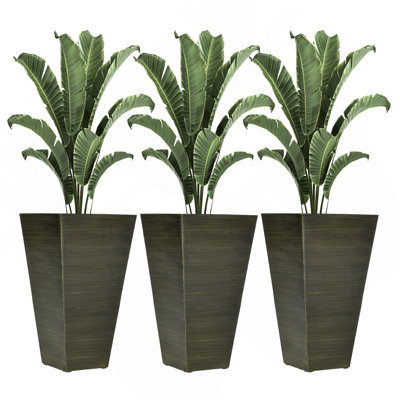Ensemble de 3 pots à fleurs de 28 po de hauteur avec trous de drainage et bouchon Outsunny, pots de fleurs en plastique artificiel pour l'extérieur, l'intérieur, le jardin, le patio et le brun foncé