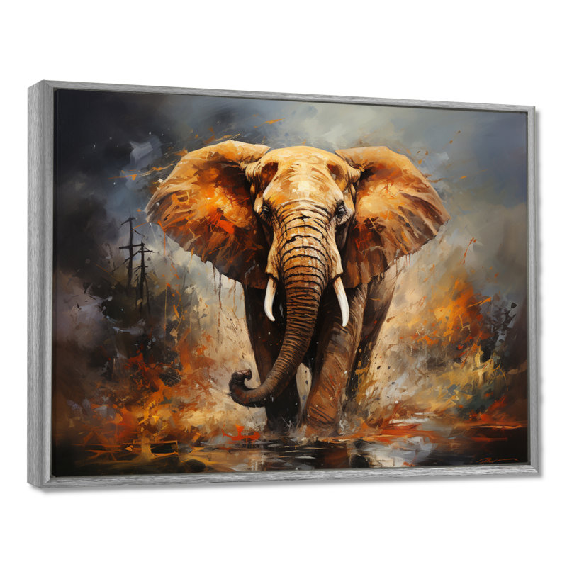 «Elephant Wild Spirit» - Art mural sur toile éléphant, H 30 po x l 40 po, Encadrement argenté