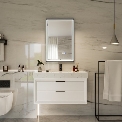 Miroir de salle de bain 22 po x 34 po / 30 po x 36 po à DEL, miroir de meuble-lavabo encadré avec lumières à intensité variable, antibuée, fonction mémoire, noir mat / nickel brossé