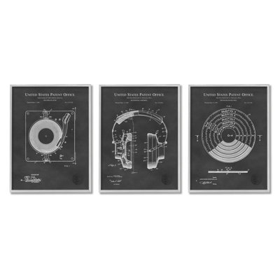 Vintage Music Headphones Record Player Turntable Blueprint 3pc Gray Farmhouse Rustic Oversized Framed Giclee Texturized Art Set by Karl Hronek