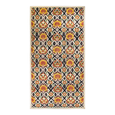 Tapis traditionnel noué à la main de conception unique Flavie - ivoire / noir / orange, 9 pi 7 po x 18 pi 10 po