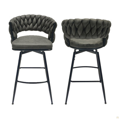 28" Technical Leather Woven Bar Stool Set Of 2,Black Legs Barstools No Adjustable Kitchen Island Chairs,360 Swivel Bar Stools Upholstered Counter Stool Arm Chairs With Back Footrest (Tan)