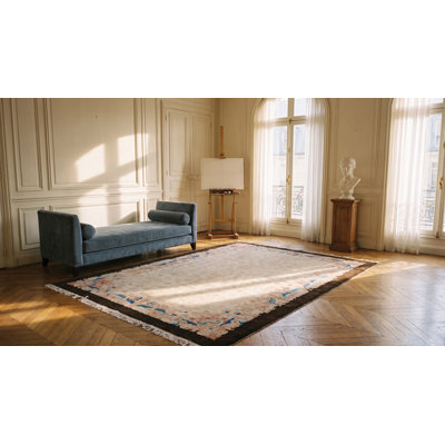 Tapis floral ivoire beige crème blanc en laine des années 1920