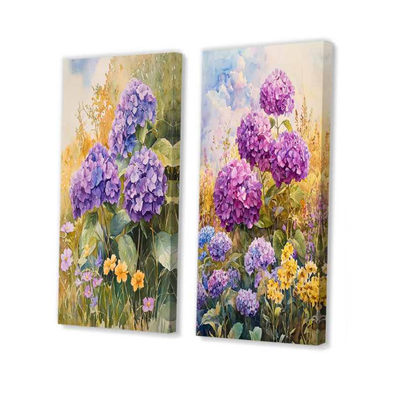 Country hortensias et fleurs sauvages I - impressions sur toile florales 2 panneaux, H 28 po x l 25 po, Toile tendue