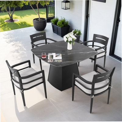 5-Piece Outdoor Pedestal Dining Set, 44" Rounded Square Sintered Stone Table with Flared Base and 4 Armchairs, Sunbrella Cushions, Rust-Free Aluminum, Weather-Resistant, for Patio or Deck