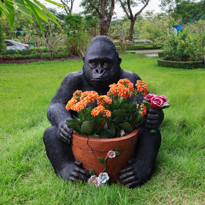 Outdoor Garden Sculpture Bear Flower Pot Planter - Unique Yard Statue Decoration, Interesting Law Outdoor Ornament