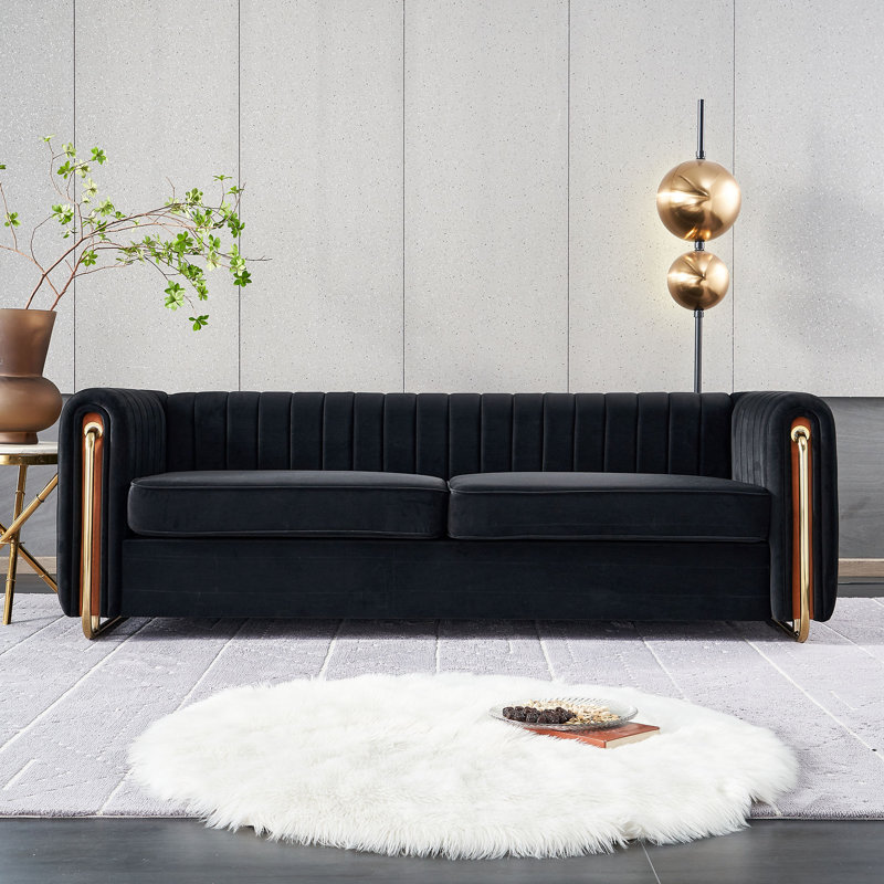 84.25" Modern Tufted Velvet Round Arm Sofa, Black Velvet