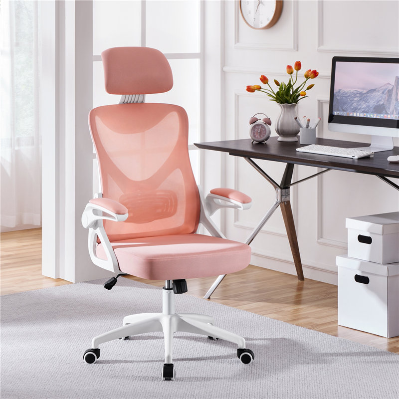 Fauteuil de travail ergonomique avec appui-tête et accoudoir rabattable Joyti, Rose, Blanc
