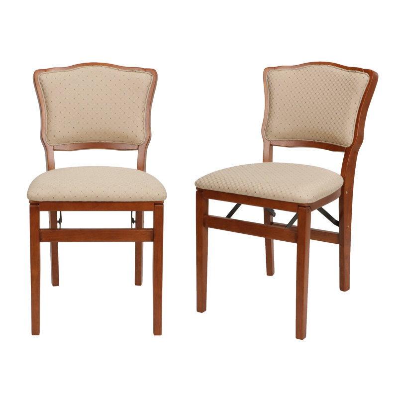 Stakmore French Upholstered Folding Chair, Cherry Frame with Blush Fabric