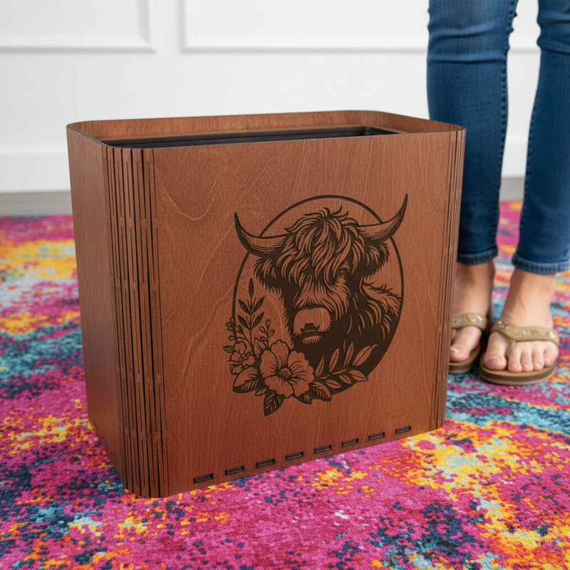 Highland Cow Handcrafted Wooden Trash Can