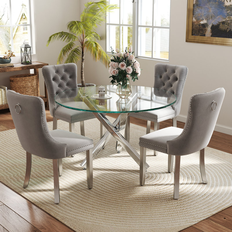 5-Piece Round Glass Dining Table Set, 29.5"H x 39"L x 39"W, Grey/Silver, Silver