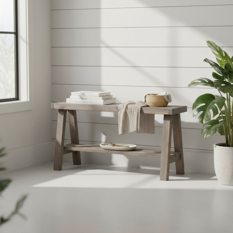 Banc de rangement en bois massif Minoo, gris
