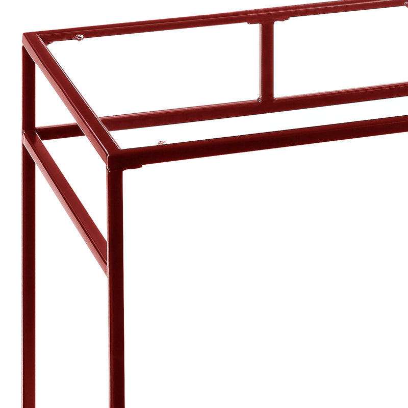 Bureau à finition rouge avec plateau en verre de 5 mm et tablette de rangement rectangulaire en métal