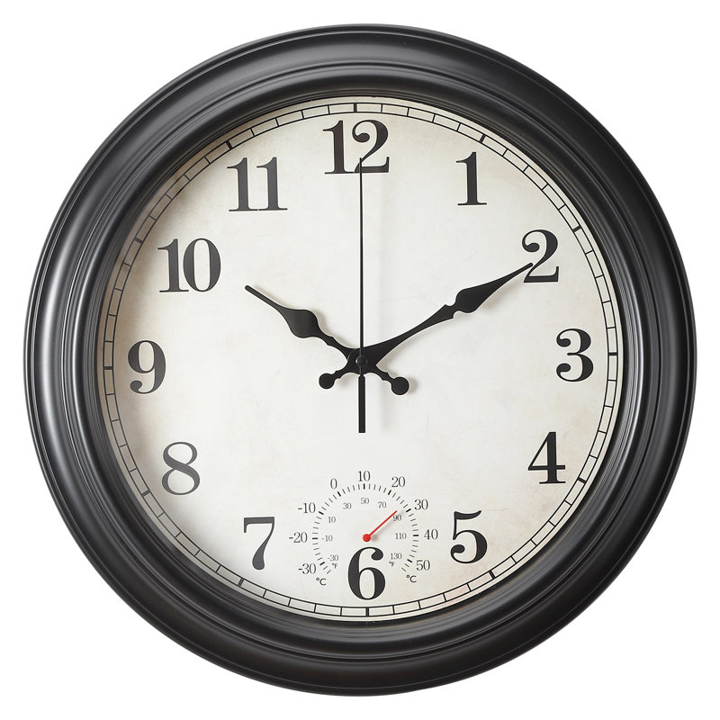 Horloge murale américaine en plastique avec thermomètre 16 pouces - noir