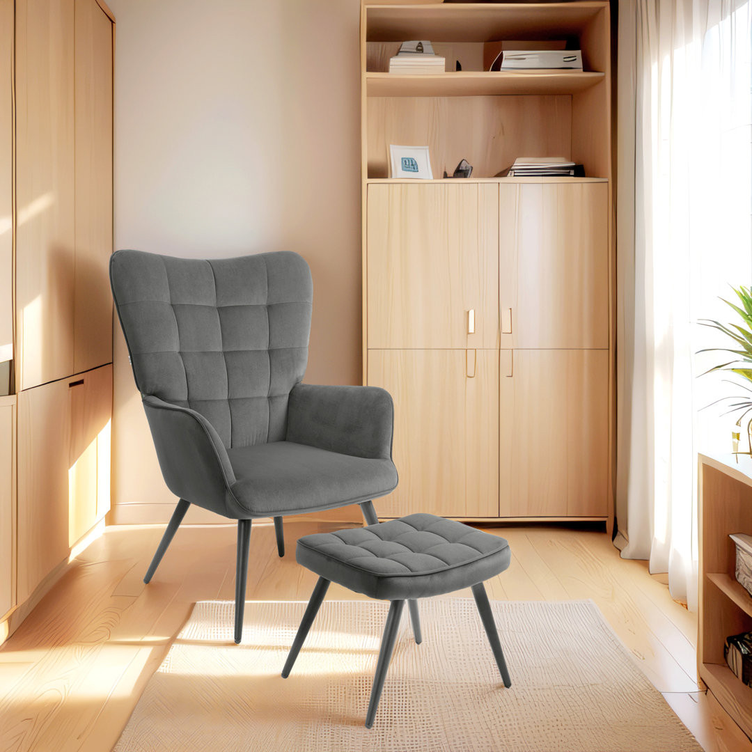 Ohrensessel mit Hocker, Relaxsessel, Loungesessel, Polstersessel mit Samtoptik