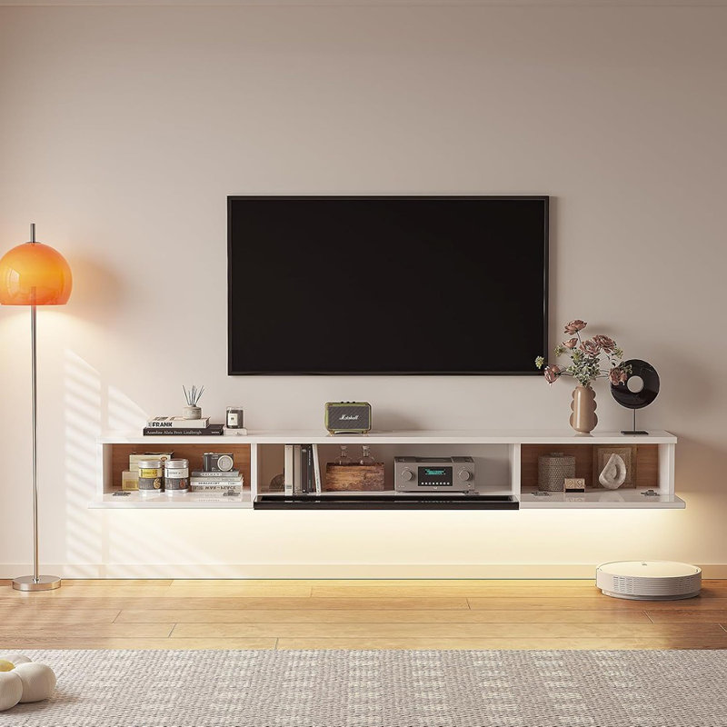 Meuble télé haute brillance flottant avec 3 portes et tablette flottante sous la télé, blanc - Meuble télé / bois / moderne