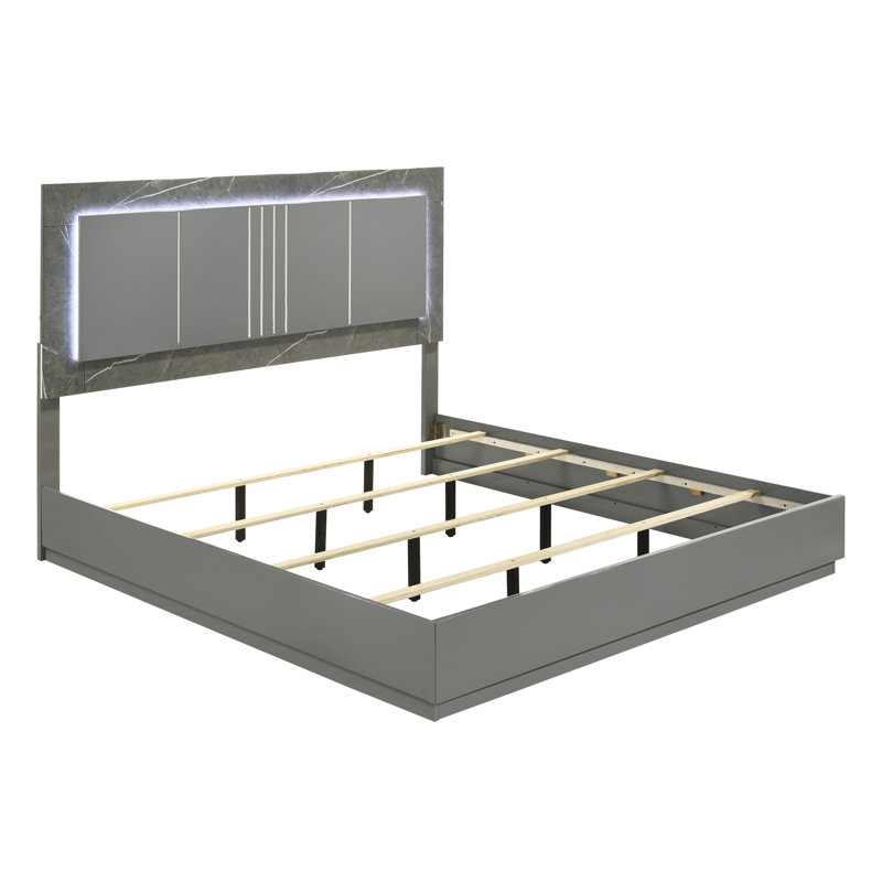 Lit pour grand lit de style moderne gris, tête de lit bicolore en marbre et laque ultrabrillante avec éclairage à DEL, pieds en métal, bois massif +, sommier pour cadre de chambre à coucher, tête de lit, principale, requis