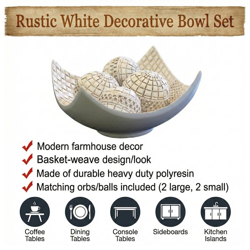 Elektra White Decorative Bowl for Coffee Table Decor, Kitchen, Dining Room Centerpieces, Orbs/Balls Included