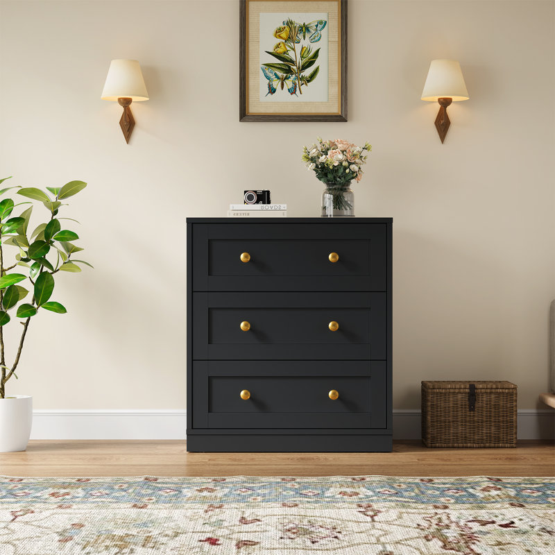Yokota Wood 3 Drawer Dresser, Black