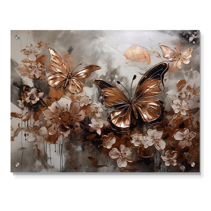 Or rose papillon, ailes et fleurs I - Art mural acrylique floral, H 16 po x l 32 po
