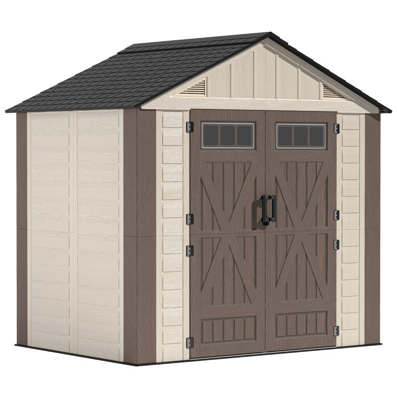 Abri de jardin en plastique PEHD de 2,44 m de large x 1,83 m de profondeur, avec plancher intégré, toit renforcé en acier et double porte verrouillable, couleur kaki.